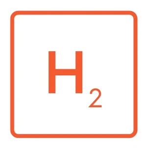 Logo firmy z pomarańczową ramką i symbolem H2 na białym tle, nowoczesny i czytelny design