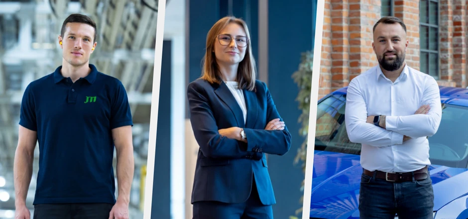 Trzy różne osoby z zespołu firmy w różnych środowiskach pracy z uśmiechem i postawą pewną siebie