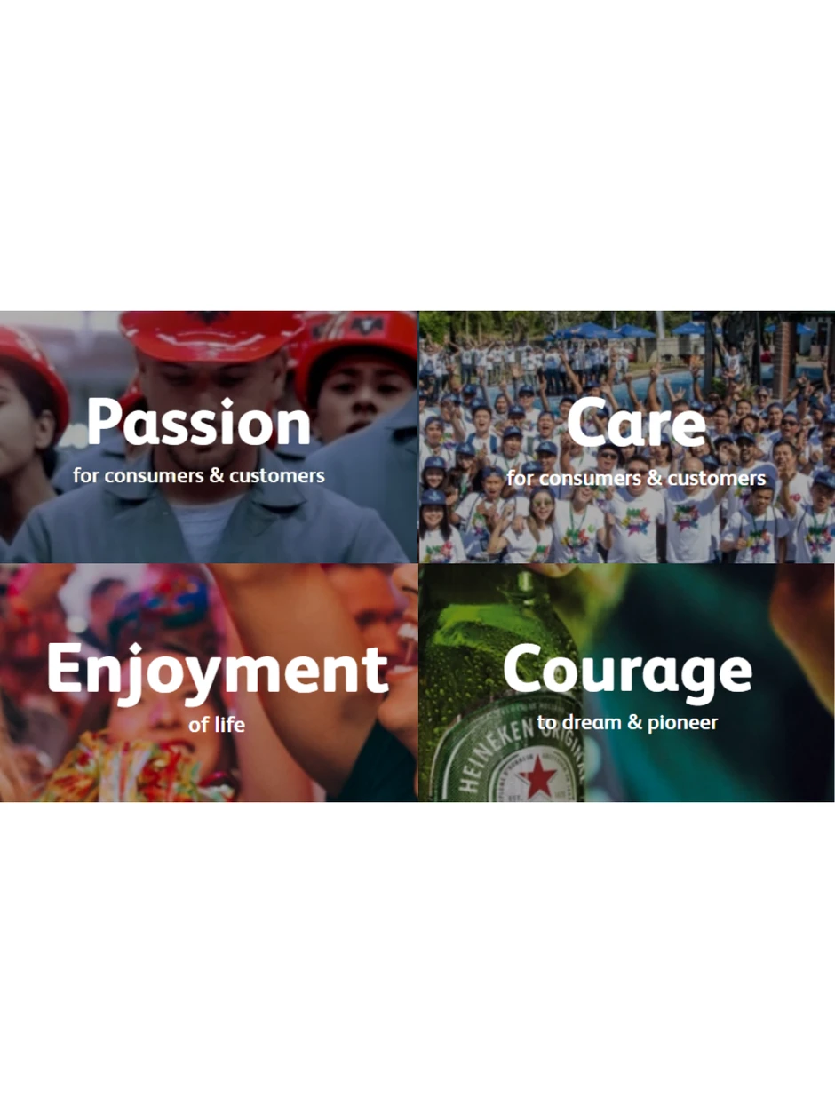 Cztery zdjęcia przedstawiające wartości firmy: pasja, troska, radość życia i odwaga wraz z ludźmi i produktami