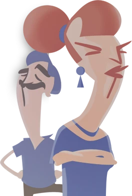 Abstrakcyjna ilustracja dwóch postaci mężczyzn w stylu karykaturalnym z wyraźnymi rysami twarzy