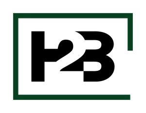 Logo firmy z czarnymi literami H2B wpisanymi w zieloną ramkę na białym tle