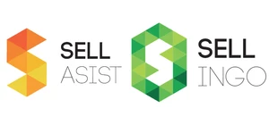 Logotypy firm SellAssist i SellIngo przedstawione kolorowymi, geometrycznymi wzorami z literami S i zielono-pomarańczową kolorystyką