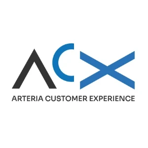 Logo firmy Arteria Customer Experience z nowoczesnym designem liter A C X w kolorach czarnym i niebieskim