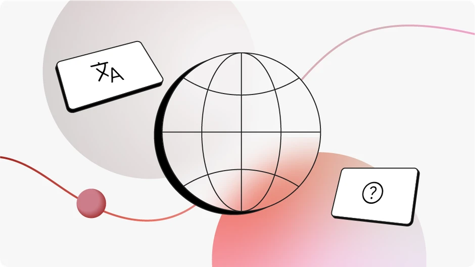 Grafika przedstawiająca glob z liniami geograficznymi oraz dwie tablice symbolizujące tłumaczenia i pytania
