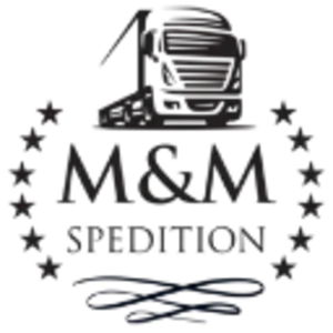 Logo firmy M&M Spedition z symbolem ciężarówki otoczone gwiazdami reprezentujące usługi transportowe
