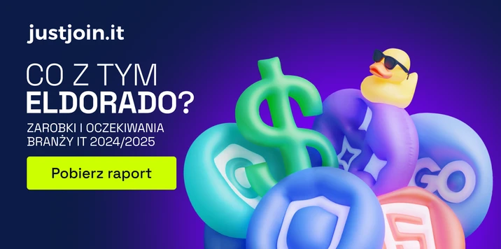 Grafika promująca raport o zarobkach i oczekiwaniach w branży IT w roku 2024 2025 od justjoin.it