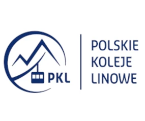 Logo Polskich Kolei Linowych z symbolem gór i wagonika kolejki linowej na białym tle
