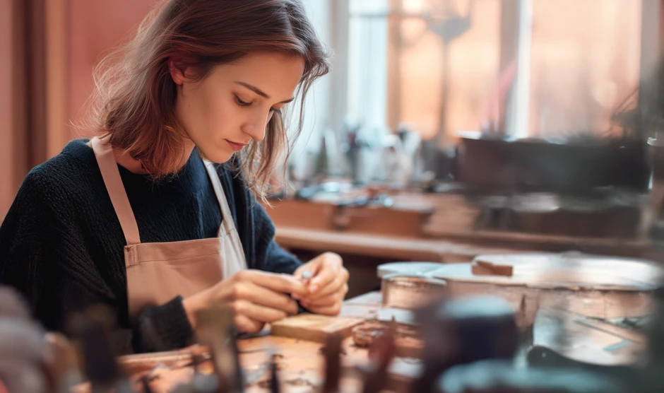 Kobieta w pracowni jubilerskiej precyzyjnie wykonuje biżuterię przy oświetlonym stoliku