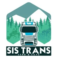 Logo firmy transportowej SIS TRANS z grafiką ciężarówki i lasu w tle symbolizujące wysyłkę i oszczędności